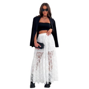 Women's See-Through Lace Skirt Elastic High Waist Sheer Mesh A-Line Half Long Skirts Without Lining - 1 of 4