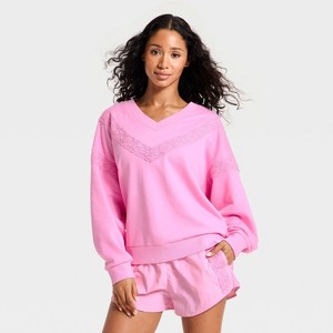 Women's Crochet Trim V-Neck Sweatshirt - JoyLab™ Pink L : Target