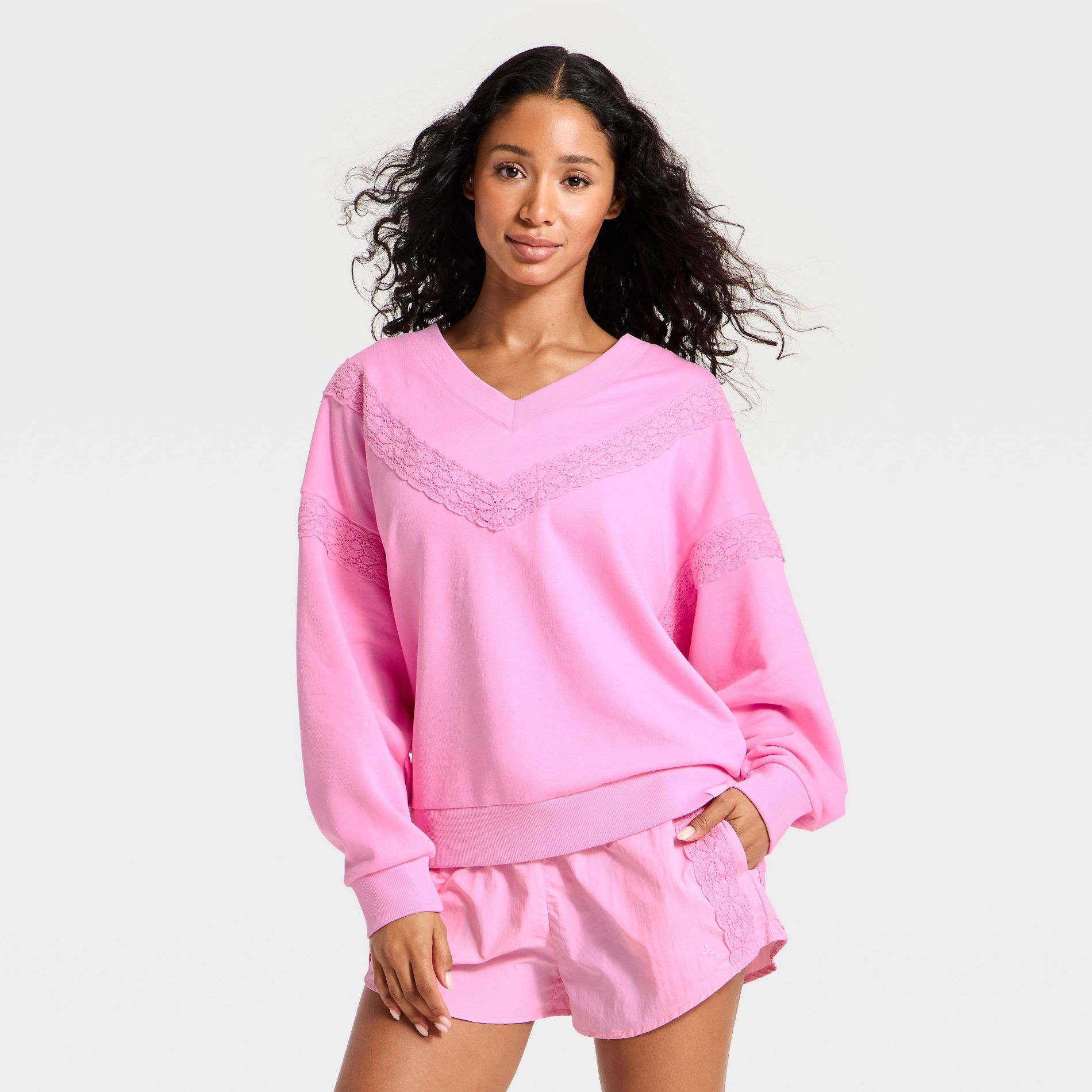 Women's Crochet Trim V-Neck Sweatshirt - JoyLab™ Pink XXL