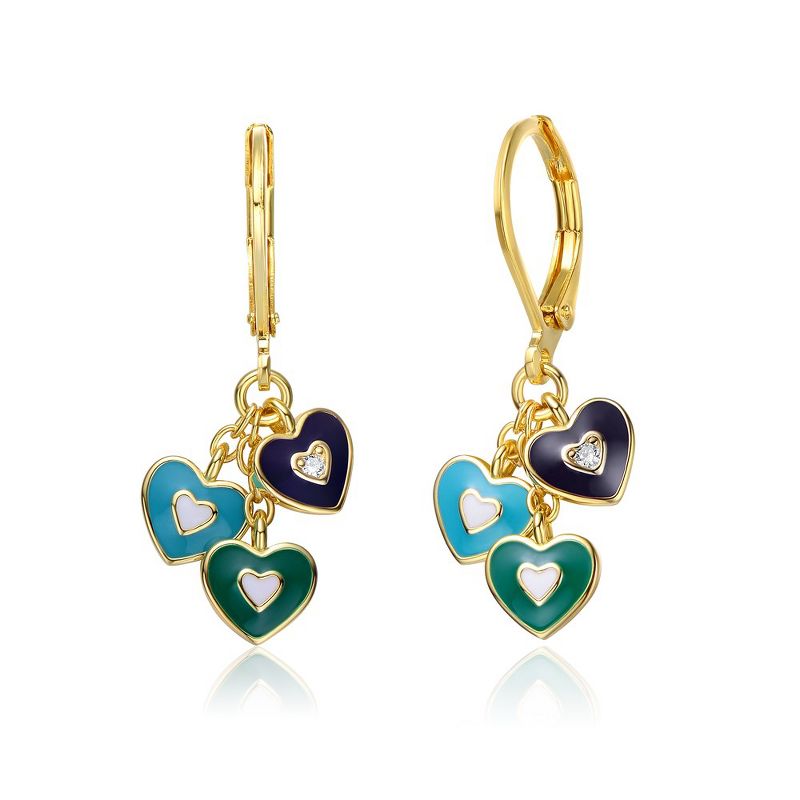 14k Yellow Gold Plated Dangling Heart earrings with Colored Enamel Kids, 2 of 4