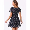 Allegra K Women's Floral Printed Flare Short Sleeve Lace-up V Neck A-Line Chiffon Dress - 4 of 4