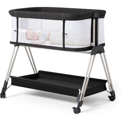 Bassinet Bedside Sleeper with Wheels and Storage Tray,4-Sided Mesh Easy Folding Bedside Crib