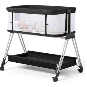 Bassinet Bedside Sleeper with Wheels and Storage Tray,4-Sided Mesh Easy Folding Bedside Crib - 1 of 4