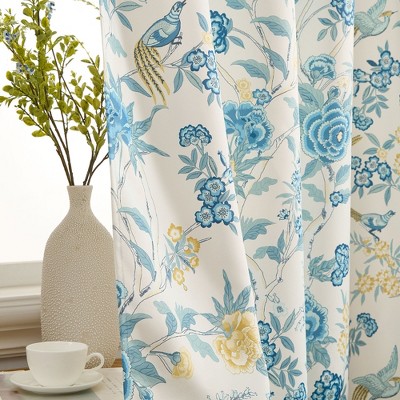 HLC.ME Scarlet Floral & Birds Patterned Window Back Tab Rod Pocket Curtains - Light Blocking Window Panels, Set of 2