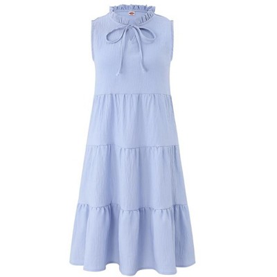 Girls' Sleeveless Tiered Dress Swing Midi Dress Ruffle Mock Neck Tie Front Dress A-Line Dress - Light Blue, 5-6 Years