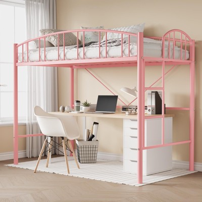 Loft Bed Twin Size, Heavy Duty Metal Loft Bed Frame with Arched Guardrail and Safety Ladder