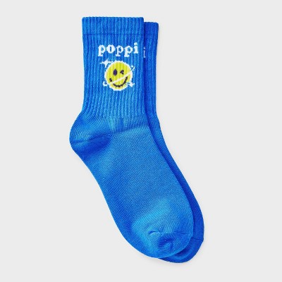 Adult Poppi Smiley Graphic Crew Socks - Blue