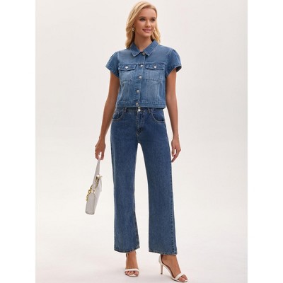 Женские куртки INSPIRE CHIC Women's Denim Cap Sleeve Button Down Turndown Collar Classic Cropped Jean Jackets Medium Blue — фото 3