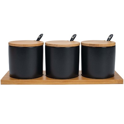 Nat & Jules Cylindrical Black 9 ounce Stoneware Spice Container and Tray Set