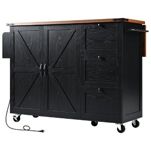 Bellemave 54.5" Farmhouse Kitchen Island with Power Outlet, with Internal Storage Rack, for Home, Kitchen and Dining Room,Black - 1 of 4