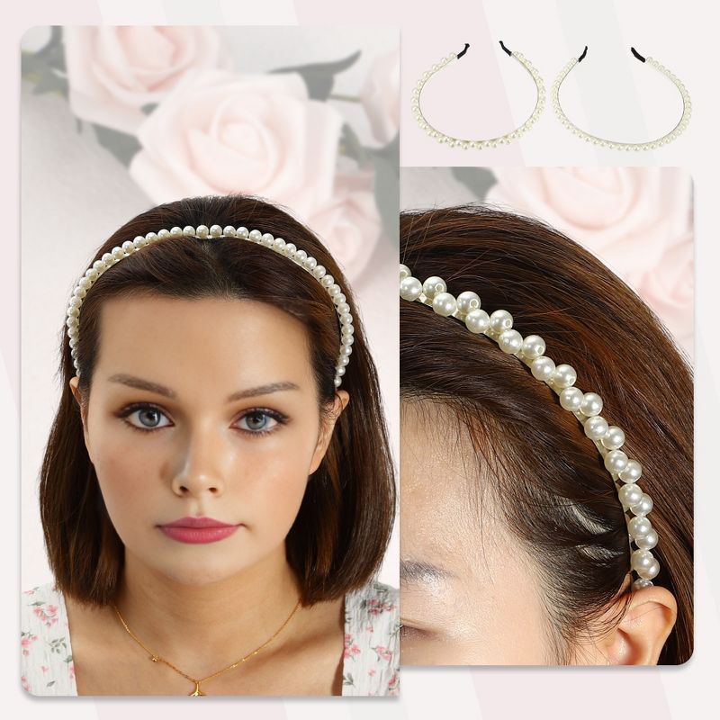 Unique Bargains Women's Simple Design Faux Pearl Headbands White 4 Pcs, 3 of 7