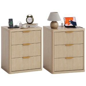 Fluted Nightstand w/ Charging Station, Mid Century Modern Bedside Table with Drawers & Open Shelf - 1 of 4