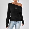Women's Spring Fall Asymmetric Off-Shoulder Top, Stylish Ruched Long Sleeve Blouse with Heart Print - 2 of 2