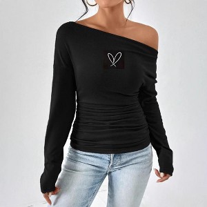 Women's Waffle Knit Solid Color Loose Long Sleeve V-Neck Top with Pocket, Casual Pullover for Daily & Layering Wear - 1 of 2