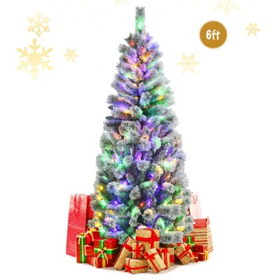 Tangkula Pre-lit Snow Flocked Christmas Pine Tree, Hinged Artificial Xmas Tree W/ Remote-controlled Multi-Color Lights