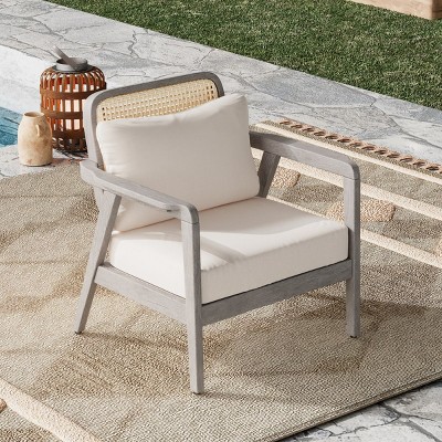 Modern Acacia Wood Club Chairs,Cream Fabric Cushion Patio Club Chair,Double Sided Woven Backrest Solid Acacia Wood Garden Chair-Coolbibila