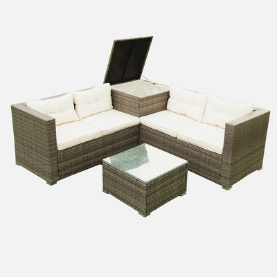 4pc Outdoor Wicker Rattan Set With Sofa & Storage Box - Cream - Wellfor