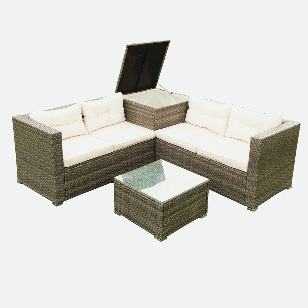Photos - Garden Furniture 4pc Outdoor Wicker Rattan Set with Sofa & Storage Box - Cream - WELLFOR