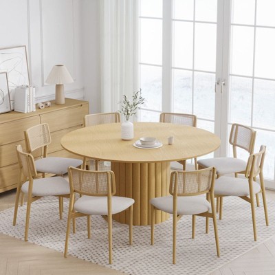 PexFix 60" Solid Wood Round Dining Table Kitchen Table for 6-8 with Tabletop & Textured Cylindrical Base for Living/Dining Room Coffee Office Natural
