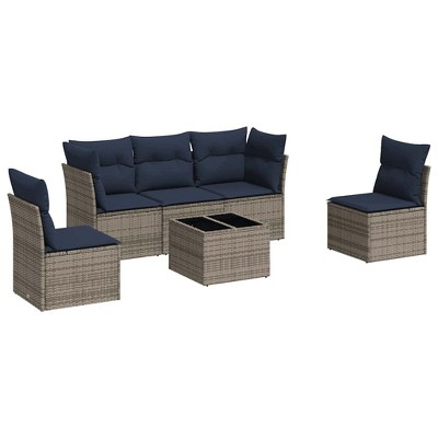 vidaXL 5 Piece Patio Sofa Set with Cushions Poly Rattan - Gray and Navy Blue With Table