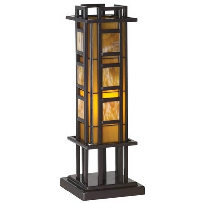 Robert Louis Tiffany Mission Accent Table Lamp Bronze Iron Column Amber Stained Glass for Living Room Family Bedroom Office