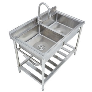 Stainless Steel Utility Sink, Freestanding Double Bowl with Pull-Out Hot & Cold Faucet, Storage Shelf - 1 of 4