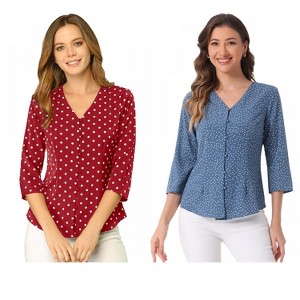 INSPIRE CHIC Women's Polka Dots 3/4 Sleeve Casual Button Front Shirt 2 Pieces - 1 of 4