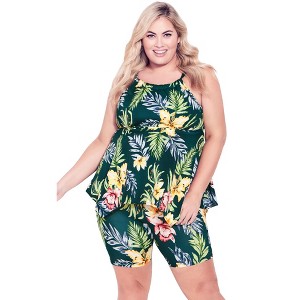 Avenue Women's Plus Size Handkerchief Print Tankini Top - 1 of 4