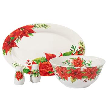 Gibson Home 4 Piece Ceramic Serving Set in White With Poinsettia Decorations