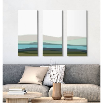 Abstract Blue Lake and Mountains Triptych Canvas Wall Art Set
