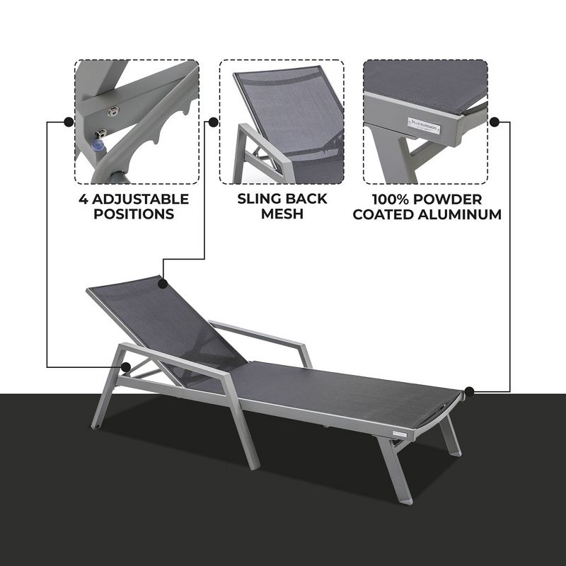 LeisureMod Marlin Patio Sling Chaise Lounge Chair With Arms in Grey Aluminum, Black, 2 of 13