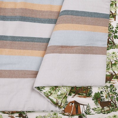 Twin Cream Cotton Reversible Comforter Set with Stripes