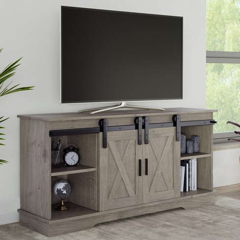 Lavish Home 65 inch Tv Stand With Media Console Shelves Cable Management And Sliding X style Barn Doors Gray Target