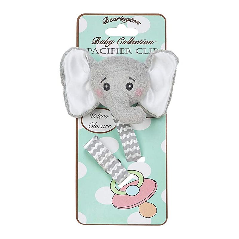 Bearington Baby Lil Spout Plush Gray Elephant Pacifier Holder with Satin Leash and Clip, 1 of 4