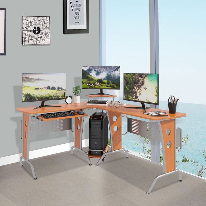 HomCom L-Shaped Corner Computer Office Desk Workstation with Elevated Shelf, Rolling Keyboard Tray, and CPU Stand, 1 of 9