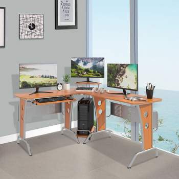 HomCom L-Shaped Corner Computer Office Desk Workstation with Elevated Shelf, Rolling Keyboard Tray, and CPU Stand