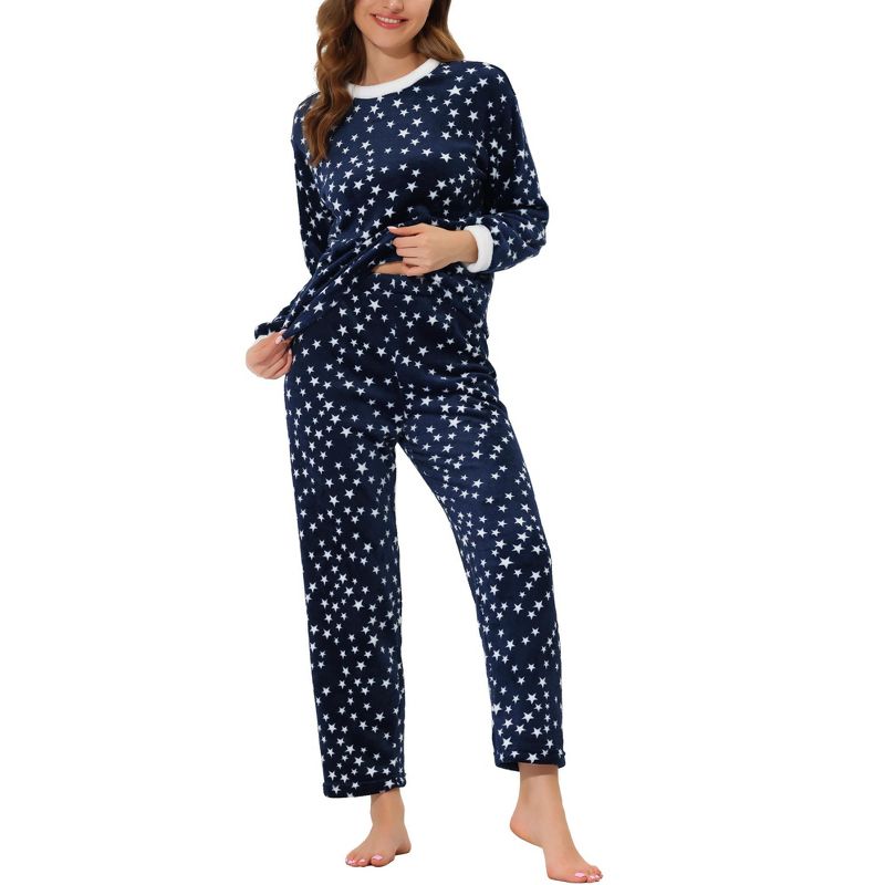 cheibear Womens Flannel Pajama Sets Winter Cute Printed Long Sleeve Nightwear Lounge Sleepwear, 1 of 6