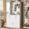 KWPZQEB Hall Tree with Shoe Cabinet and Mirrored Cabinet Door, 3-in-1 Coat Rack with Flip Drawer, 4 Hooks & Foldable Seat for Hallway, Entrance, White - 3 of 4