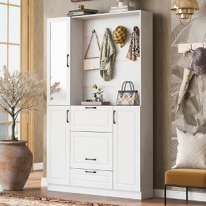 TIRAMISUBEST Entryway Bench with Integrated Shoe Cabinet , 3-in-1 Design and Mirrored Cabinet Door, Hall Tree with 4 Sturdy Hooks and Foldable Seat - 1 of 4