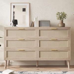 6 Drawer / 8 Drawer Dresser, Natural Rattan Dresser, Farmhouse Wood Chest of Drawer with Golden Handles for Living Room, Entryway, Hallway - 1 of 4