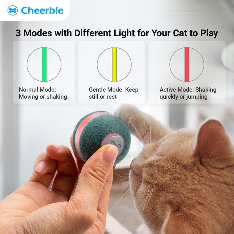 Cheerble Indoor 3 Mode Self Propelling Interactive Kitten Cat Toy Ball for Boredom and Mental Simulation, 3 inch Diameter, Green, 3 of 7