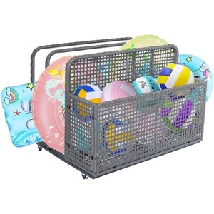 Outdoor Patio Wicker Pool Float Storage with Wheels, Waterproof PE Rattan Poolside Storage Basket Outdoor Rolling Pool Toy Organizer for Floaties, - 1 of 4