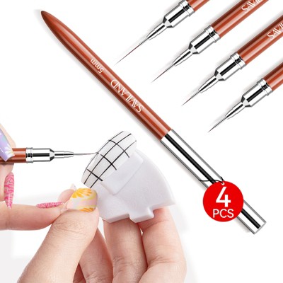 SAVILAND Women's 4-Piece Sandalwood Nail Art Brush Set - Ultra-Fine Liner for Gel & French Manicure, 5-20mm. (Brown)