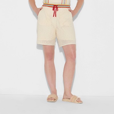 Pride Adult Relaxed Fit Open Knit Stitch Trouser Shorts - Ivory