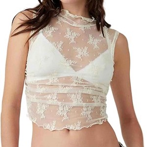 Women's Floral Lace Crop Top – Sheer Turtle Neck & Sleeveless Design, Stretchy & Sexy Cherie Code - 1 of 4