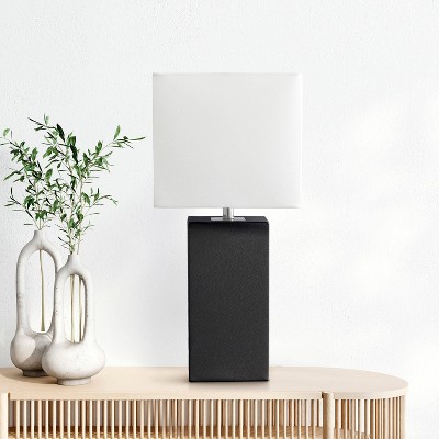 Modern Black Leather Rectangular Table Lamp with White Fabric Shade