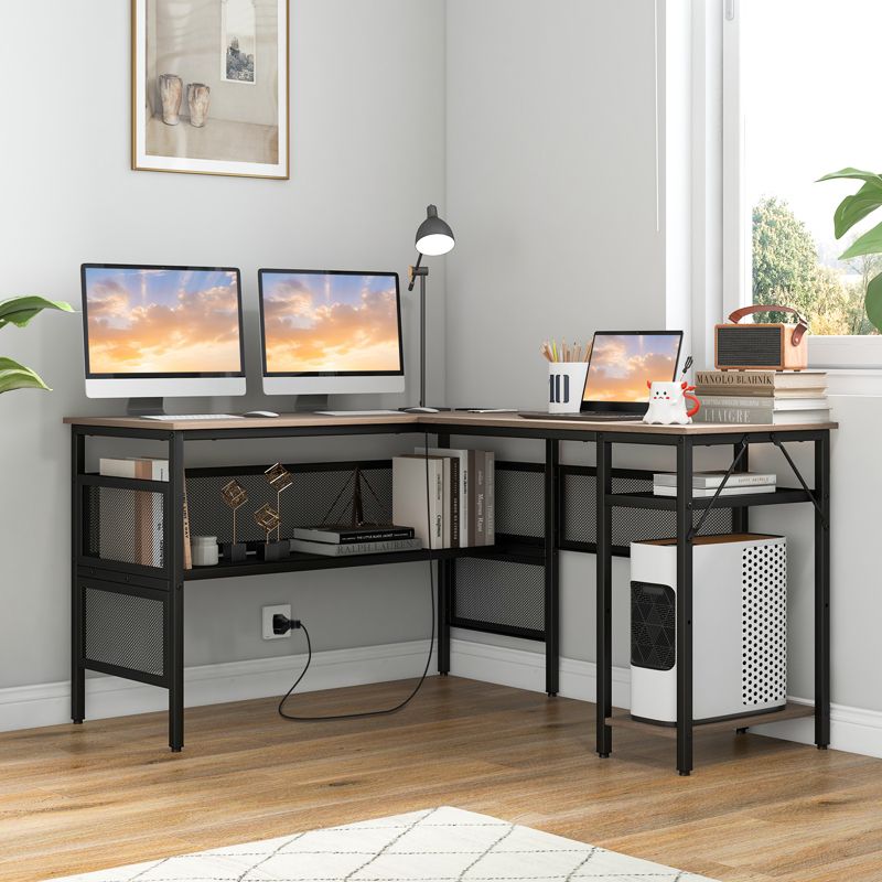 Tangkula L Shaped Desk with Charging Station 55” Reversible Corner Computer Desk with Mesh Storage Shelves CPU Stand 2 Person Gaming Desk, 2 of 11