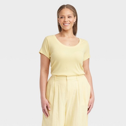 Women's Slim Fit Short Sleeve Ribbed Scoop Neck T-Shirt - A New Day™ Yellow  1X