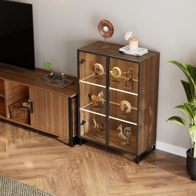 Walnut and Glass Lighted Curio Cabinet with Adjustable Shelves