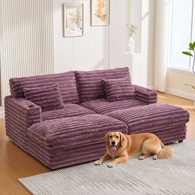 83.5'' Faux Rabbit Fur Oversized Double Chaise Lounge Sofa with Thick Cushions, USB Ports, and Cup Holders